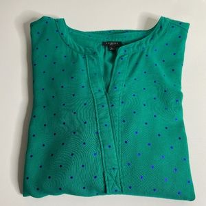 Talbots L/S Cotton Viscose Pullover Blouse; Vivid Green; Blue Dots; Petite Large